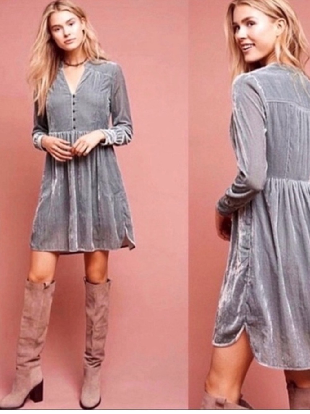 HOLDING HORSES Silver Velvet V-Neck Long-Sleeve Mini Dress